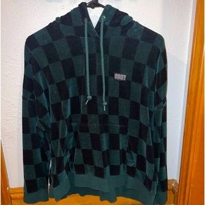 Velvety/fuzzy green and black checkered pullover hoodie OBEY women’s small